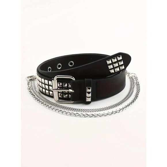 Women Punk Belt with Chain Rave Leather Belt Goth Accessories Belt With 3 Chain - Picture 4 of 8